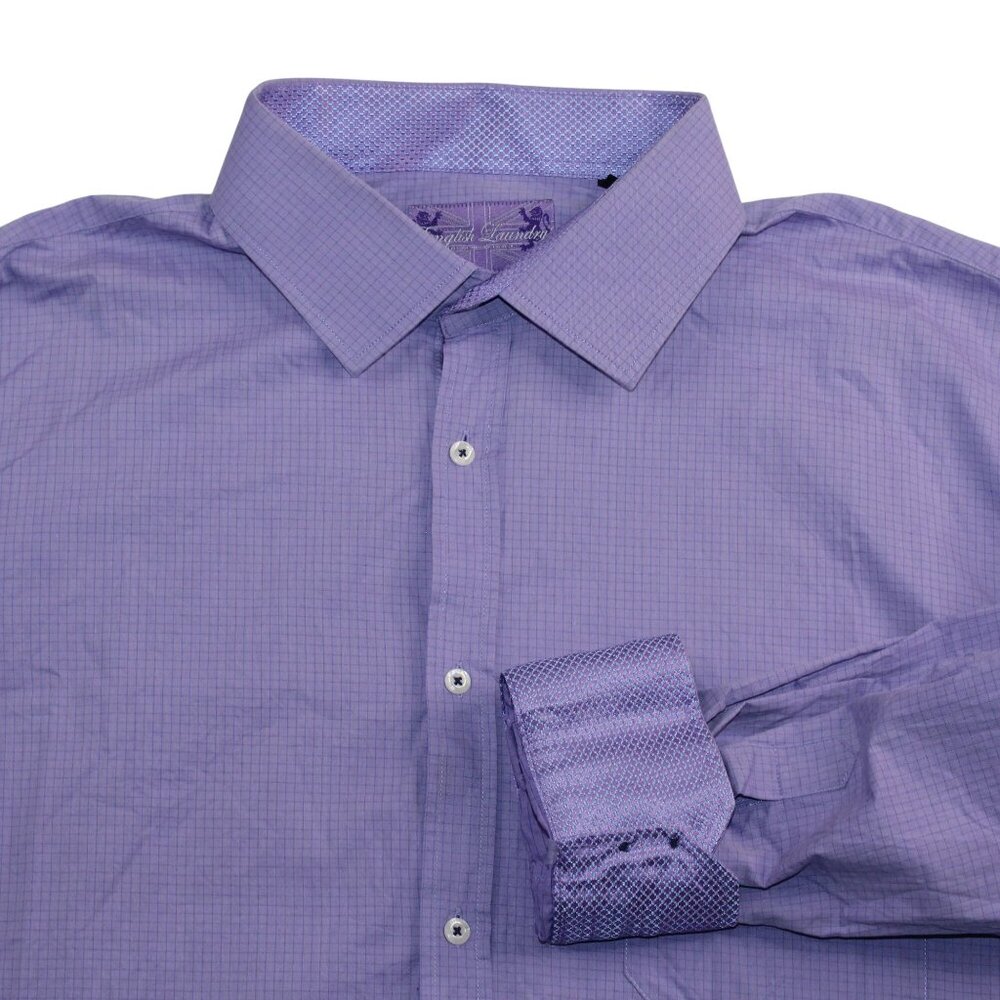 English Laundry Neck Sz 19 Flip Cuff Purple Gingham Check Dress Shirt Clubwear - Picture 7 of 15